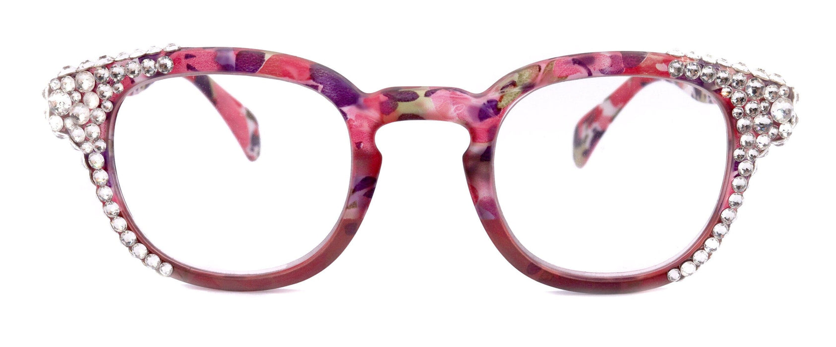 Autumn, (Bling) Reading Glasses For Women Adorned w (Clear) Genuine European Crystals, Round Frame (Pink, Purple Floral) NY Fifth Avenue