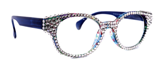 Autumn, (Bling) Reading Glasses For Women W (Full Crystals) Genuine European Crystals Round Frame (Blue, Purple Floral) NY Fifth Avenue