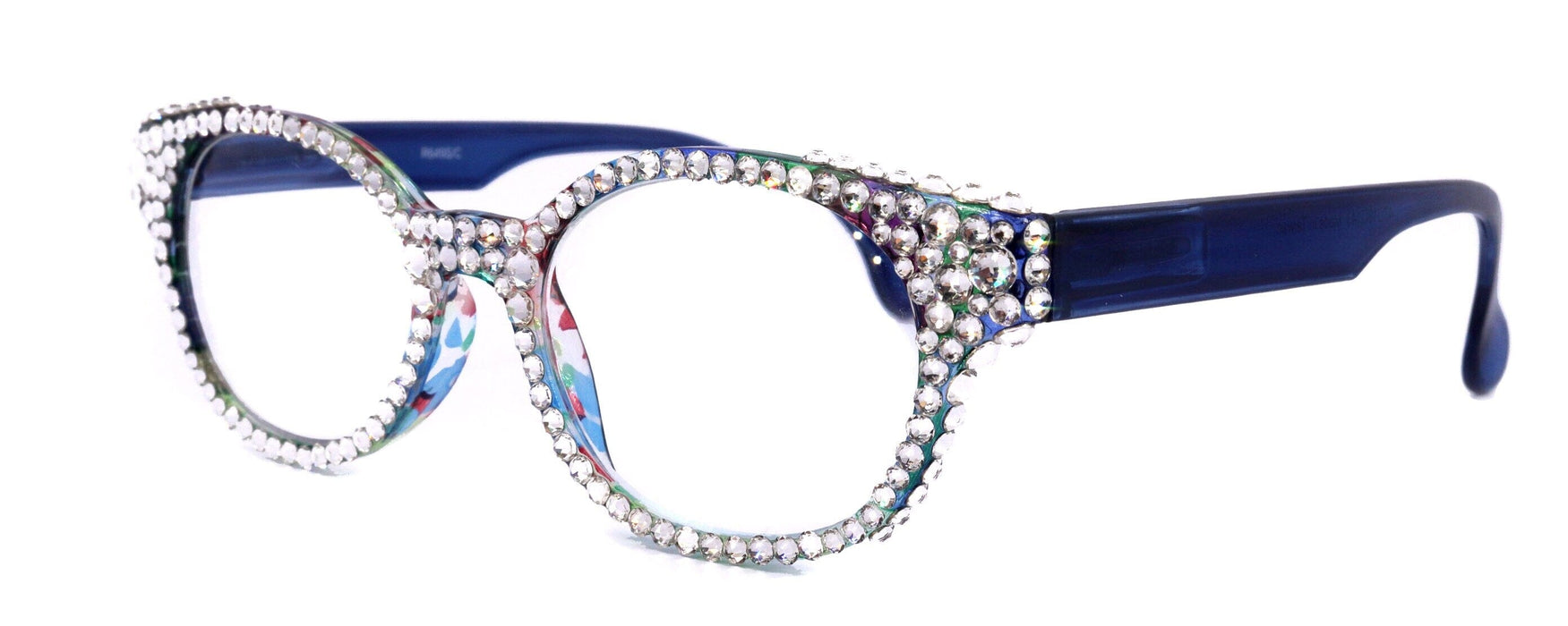 Autumn, (Bling) Reading Glasses For Women W (Full Crystals) Genuine European Crystals Round Frame (Blue, Purple Floral) NY Fifth Avenue