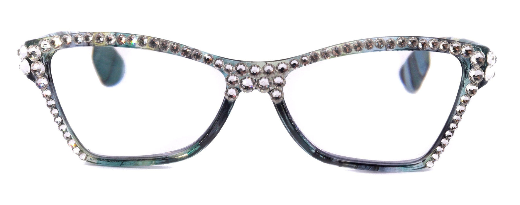 Avian, (Bling) Women Reading Glasses w (Full TOP) (Clear) Genuine European Crystals, Magnifying Cat Eye (Aqua Blue, Green) NY Fifth Avenue.