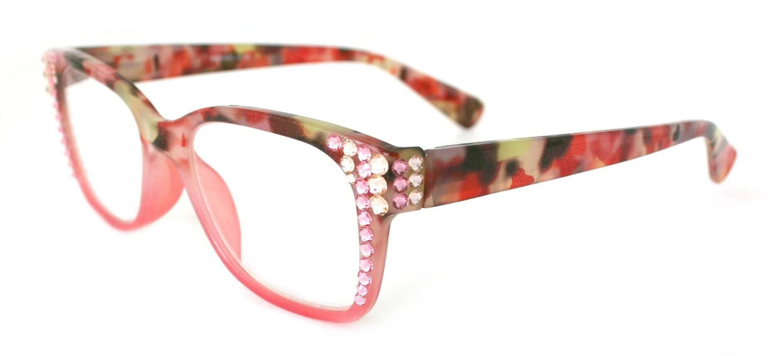 Aya, (Bling) Women Reading Glasses Adorned W ( Rose, Light Colorado)Genuine European Crystals. +1.25..+3.00 Square. NY Fifth Avenue.