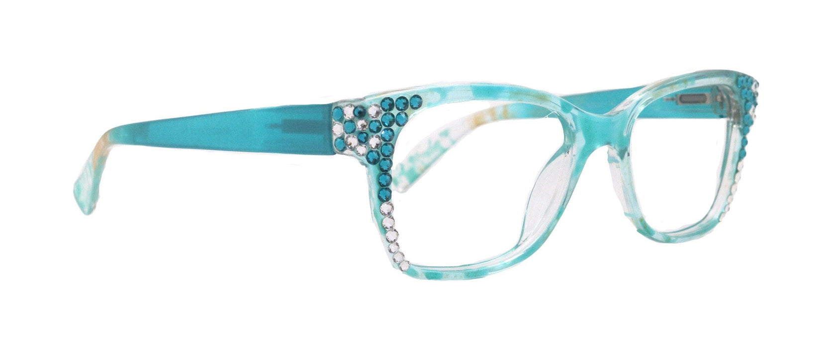 Azul, (Bling) Reading Glasses 4 Women W (Aquamarine N Clear)Genuine European Crystals. +1.5..+3 NY Fifth Avenue (Wide frame)