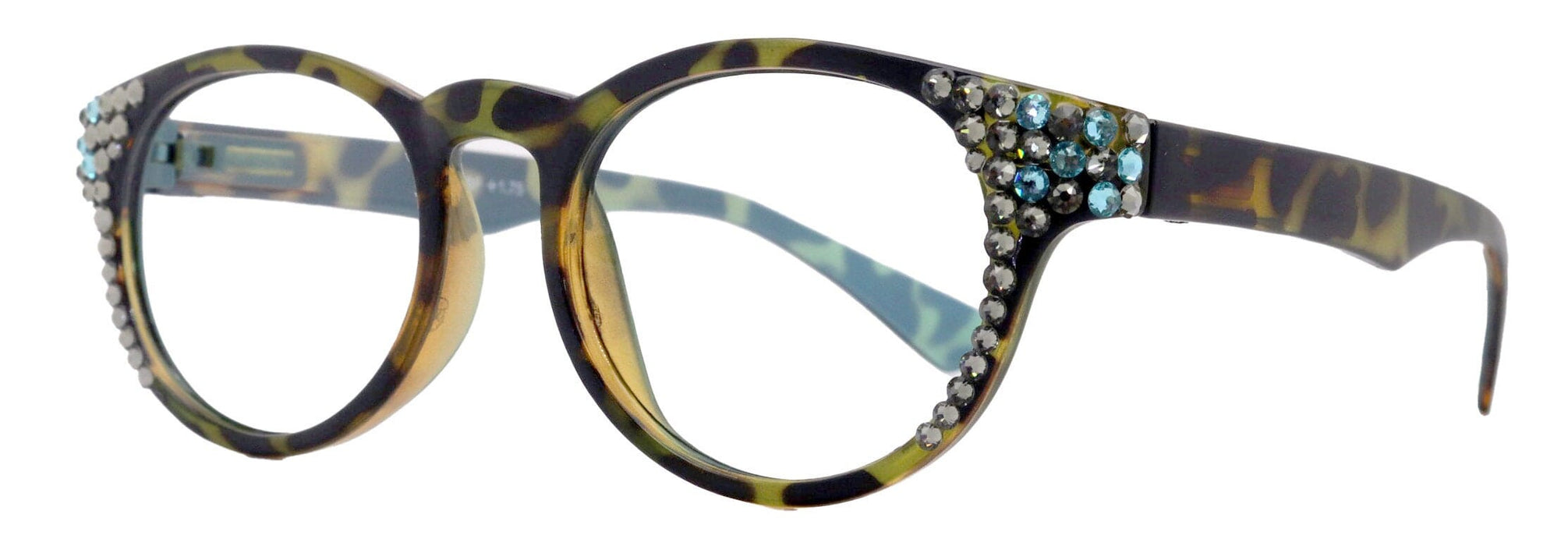 Brook, (Bifocal) Bling Reading Glasses, W Black Diamond N Blue Genuine European Crystals +1.25 to +3 (Tortoise Blue) NY Fifth Avenue