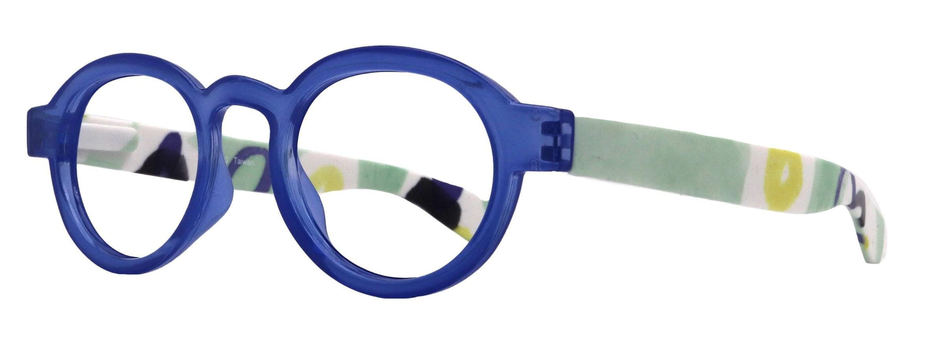 Carnival, Round Reading Glasses for Women Blue frames with colorful pattern: +1.25 +3 NY Fifth Avenue