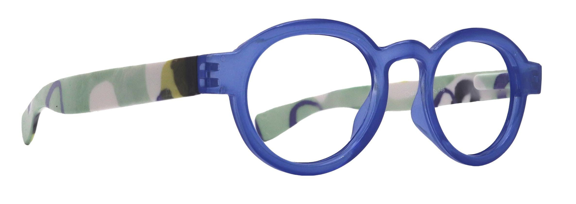 Carnival, Round Reading Glasses for Women Blue frames with colorful pattern: +1.25 +3 NY Fifth Avenue