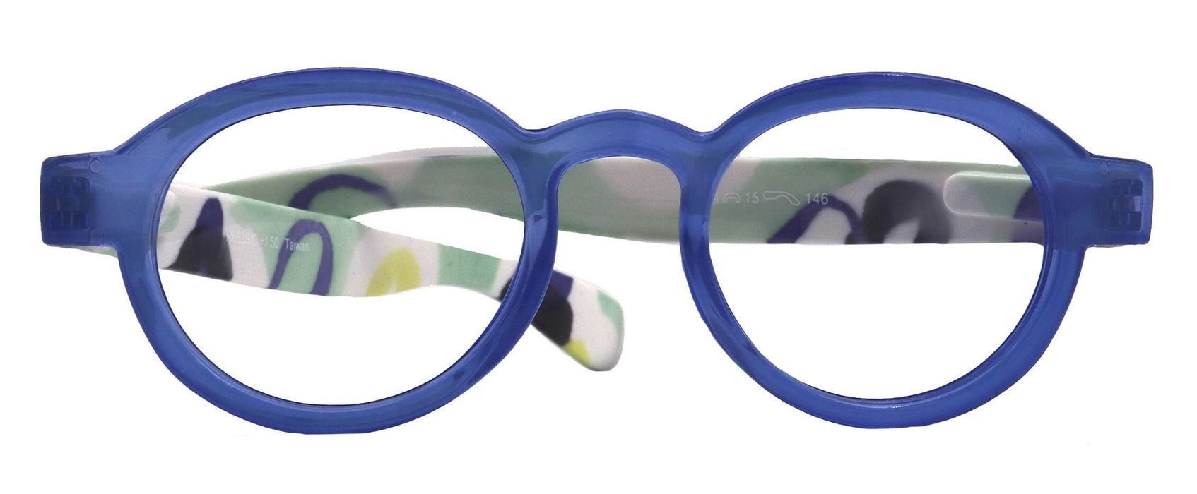 Carnival, Round Reading Glasses for Women Blue frames with colorful pattern: +1.25 +3 NY Fifth Avenue