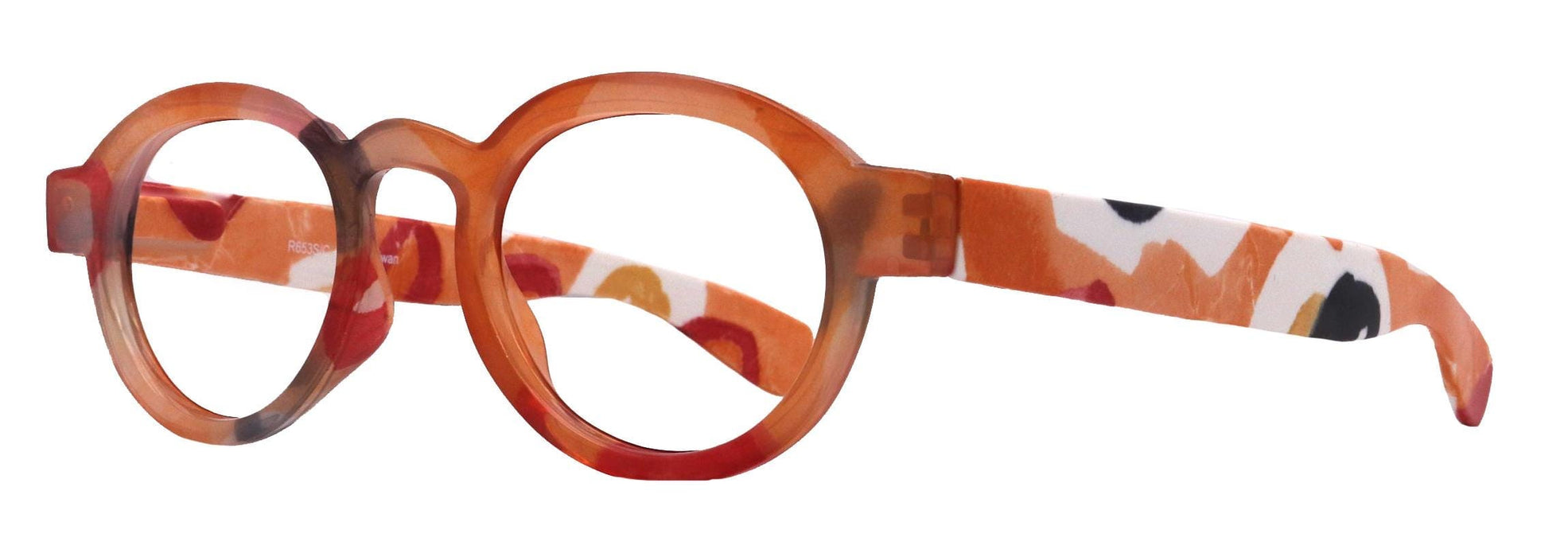 Carnival, Round Reading Glasses for Women Orange frame with colorful pattern: +1.25 +3 NY Fifth Avenue