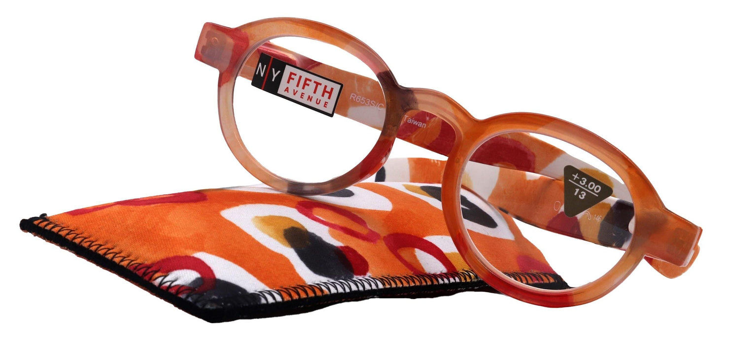 Carnival, Round Reading Glasses for Women Orange frame with colorful pattern: +1.25 +3 NY Fifth Avenue