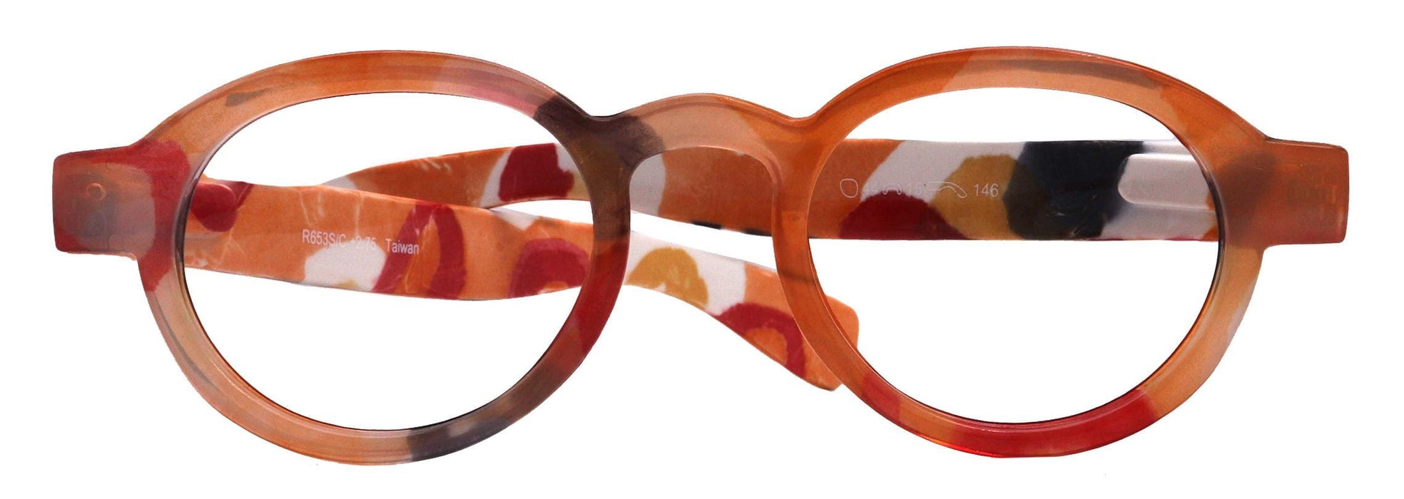 Carnival, Round Reading Glasses for Women Orange frame with colorful pattern: +1.25 +3 NY Fifth Avenue