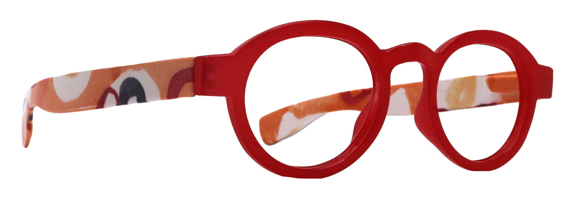 Carnival, Round Reading Glasses for Women Red frame with colorful pattern: +1.25 +3 NY Fifth Avenue