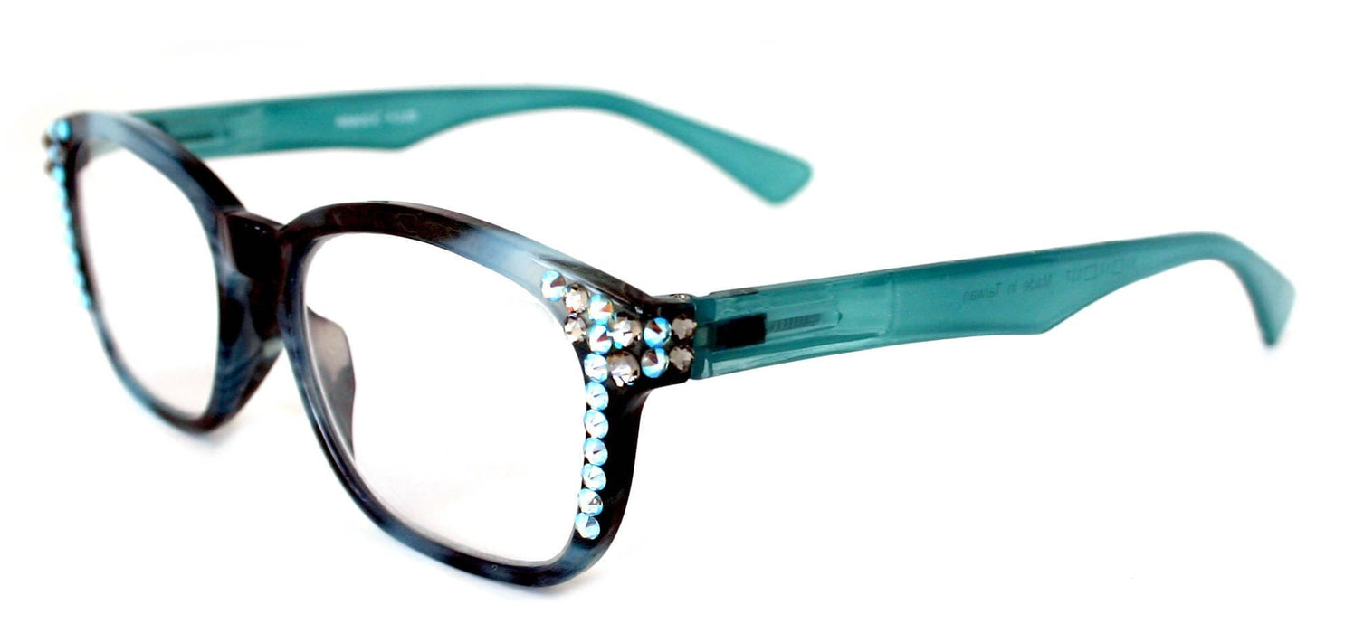 Coral, (Bling) Reading Glasses 4 Women W (Aquamarine, Black Diamond)Genuine European Crystals.(Teal Blue) Marble Pattern Frame.