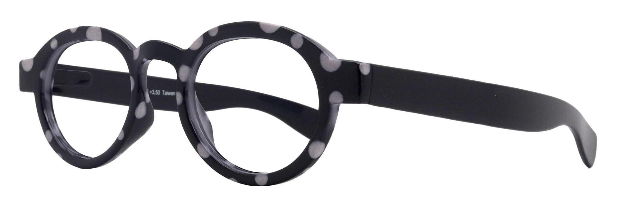 Dotty Chic, Round Reading Glasses for Women black frames with playful polka-dot pattern: +1.25 +3 NY Fifth Avenue