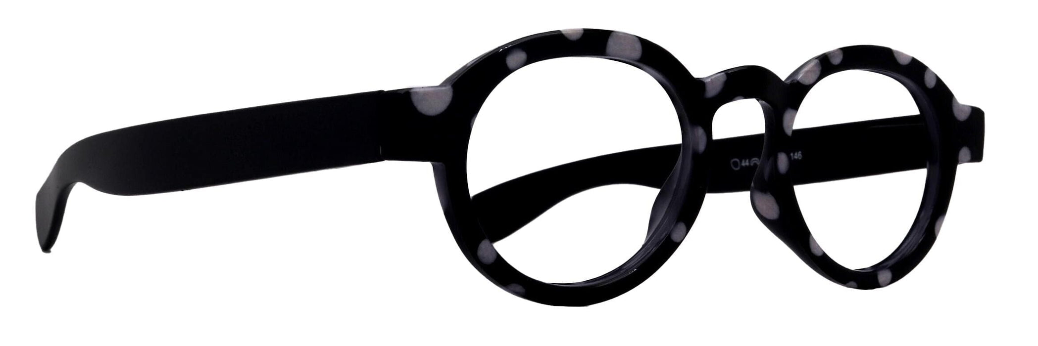 Dotty Chic, Round Reading Glasses for Women black frames with playful polka-dot pattern: +1.25 +3 NY Fifth Avenue