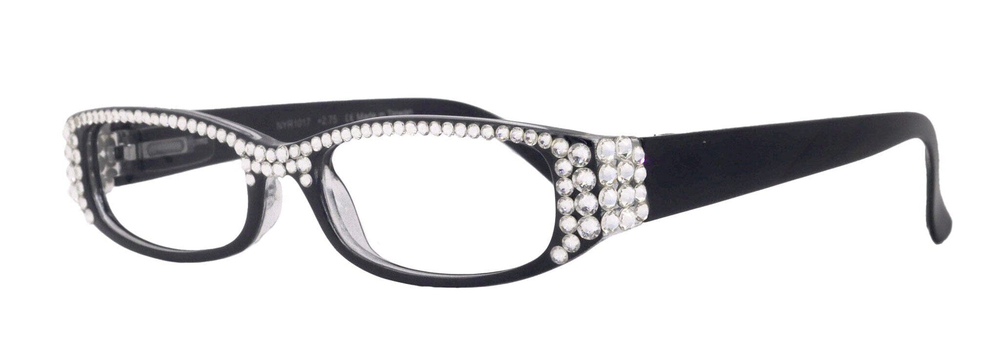 Elise, Bling Reading Glasses For Women W Full Top (Clear)Genuine European Crystals rectangular (Black) +1.25 ..+3, NY Fifth Avenue.