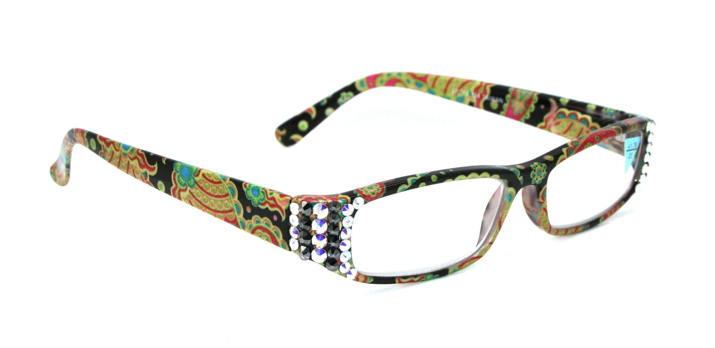 Florence, (Bling) Reading Glasses Women, W (AB Aurora Borealis, Hematite) Genuine European Crystals +1.25..+3 Paisley NY Fifth Avenue