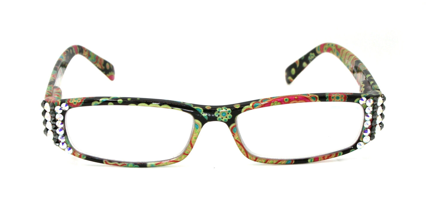 Florence, (Bling) Reading Glasses Women, W (AB Aurora Borealis, Hematite) Genuine European Crystals +1.25..+3 Paisley NY Fifth Avenue