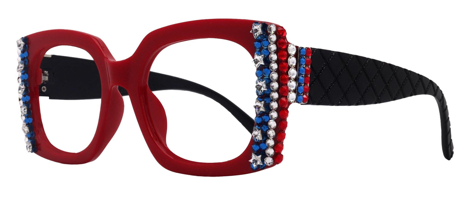 Freedom Shine, Bling Women’s Reading Glasses with Genuine European Crystals, US Flag Colors, Square Frame, NY Fifth Avenue