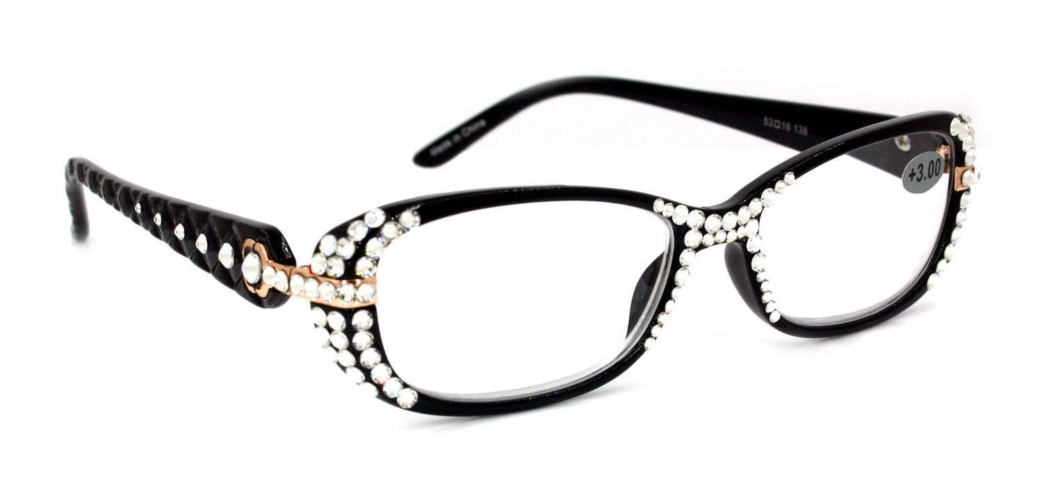 Glamour Quilted, (Bling) Women Reading Glasses W (Sides, Front) (Clear) Genuine European Crystals +1.25..+3.50 Rectangular. NY Fifth Avenue