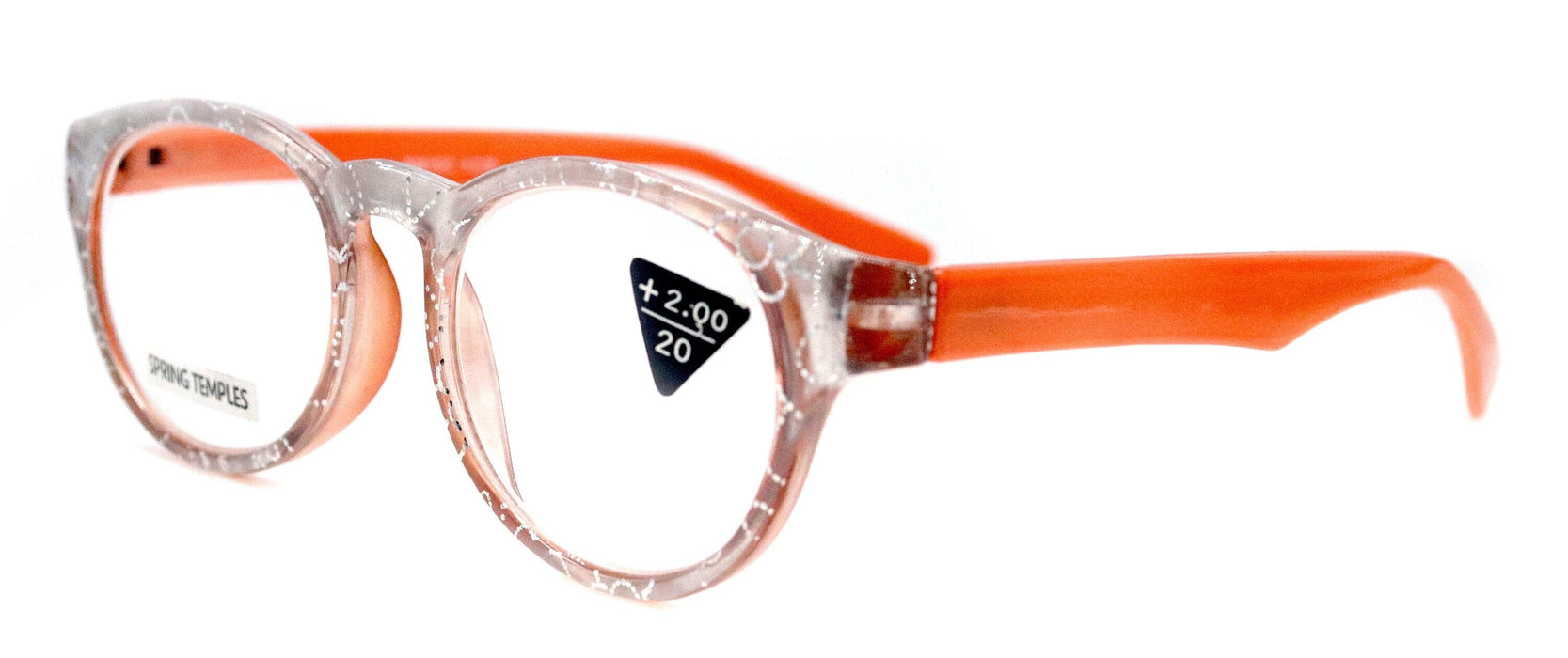 Grace, (Premium) Reading Glasses High End Readers +1.25 ..+3 Magnifying Glasses, Round Frame. (Metallic Silver, Orange) NY Fifth Avenue.