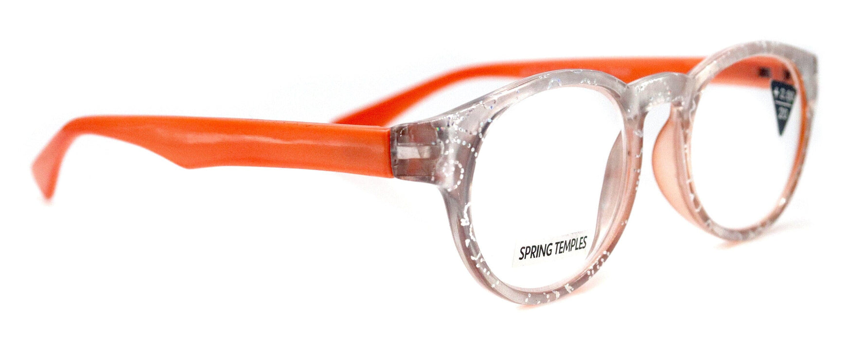 Grace, (Premium) Reading Glasses High End Readers +1.25 ..+3 Magnifying Glasses, Round Frame. (Metallic Silver, Orange) NY Fifth Avenue.