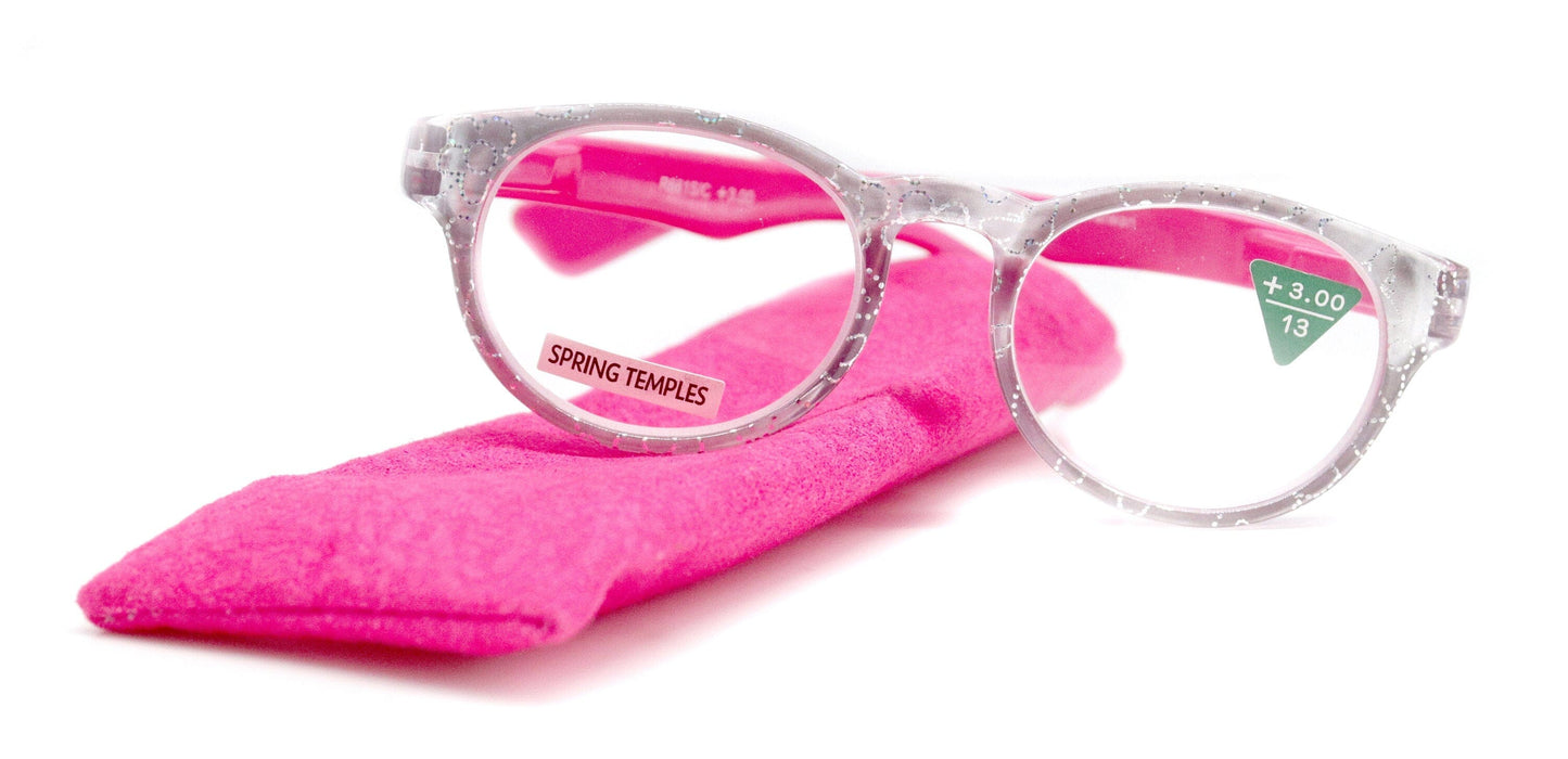 Grace, (Premium) Reading Glasses High End Readers +1.25 ..+3 Magnifying Glasses, Round Frame. (Metallic Silver, Pink) NY Fifth Avenue.