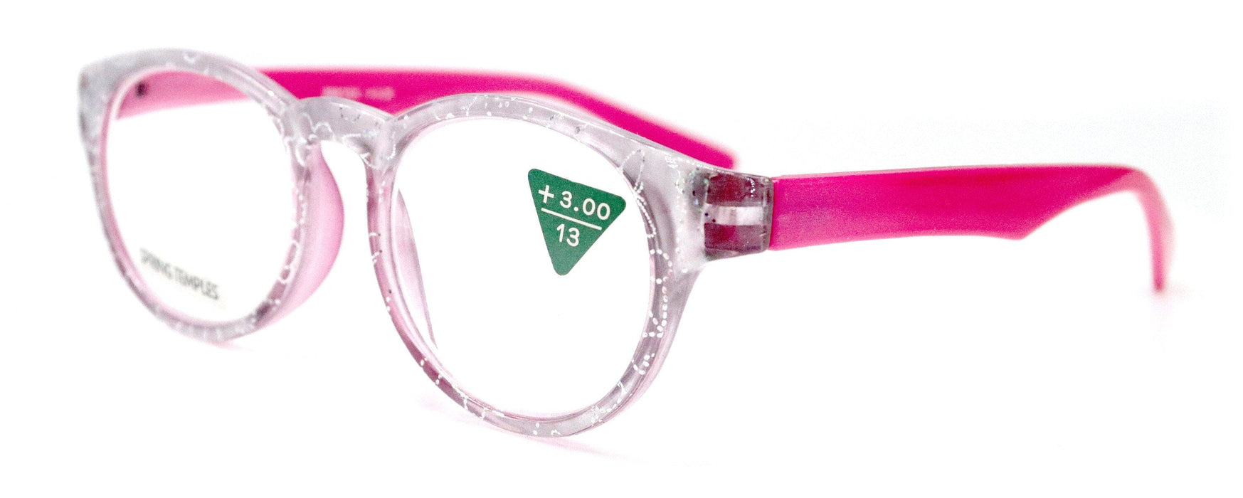 Grace, (Premium) Reading Glasses High End Readers +1.25 ..+3 Magnifying Glasses, Round Frame. (Metallic Silver, Pink) NY Fifth Avenue.