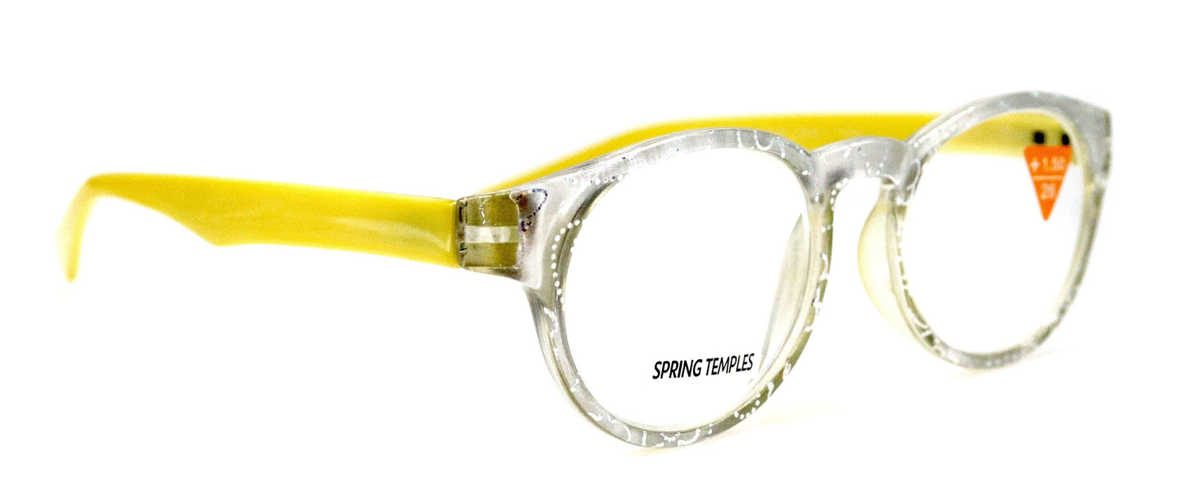 Grace, (Premium) Reading Glasses High End Readers +1.25 ..+3 Magnifying Glasses, Round Frame. (Metallic Silver, Yellow) NY Fifth Avenue.