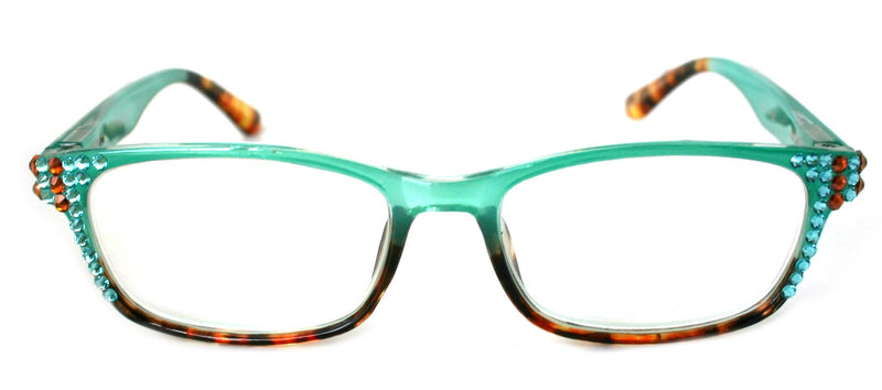 Desiree, (Bling) Women Reading Glasses W (Aquamarine, Cooper) Genuine European Crystals. +1.5 ..+6 Square. High Strength. NY Fifth Avenue