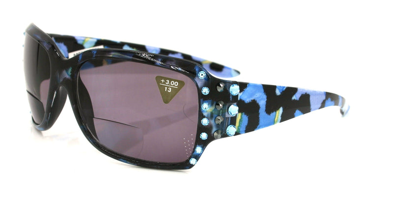 Lourdes, (Bling, Bifocal) Women Reading Sunglasses W (Hematite, Aquamarine) Genuine European Crystals (Blue) Leopard Animal Print, NY Fifth Avenue