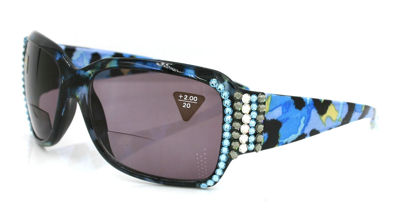 Lourdes, (Bling, Bifocal) Women Reading Sunglasses W (Hematite, Aquamarine) Genuine European Crystals (Blue) Leopard Animal Print, NY Fifth Avenue