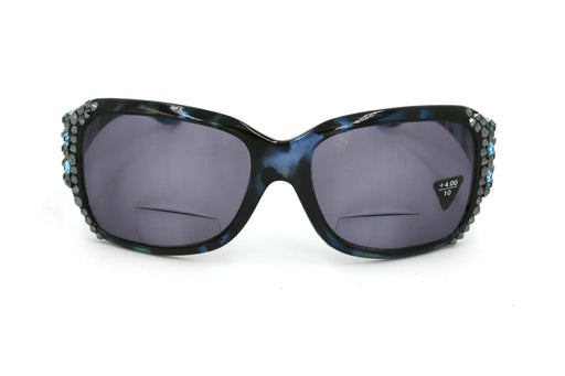 Lourdes, (Bling, Bifocal) Women Reading Sunglasses W (Hematite, Aquamarine) Genuine European Crystals (Blue) Leopard Animal Print, NY Fifth Avenue