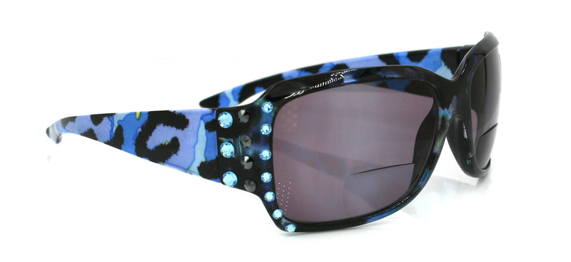 Lourdes, (Bling, Bifocal) Women Reading Sunglasses W (Hematite, Aquamarine) Genuine European Crystals (Blue) Leopard Animal Print, NY Fifth Avenue