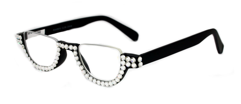 Half Moon Women’s Reading Glasses – Black Frame with Clear Crystals