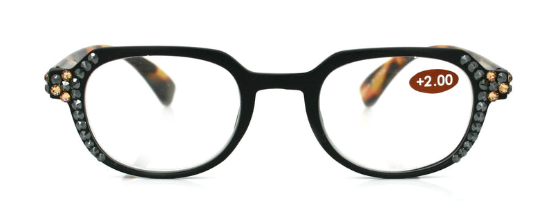 The Hexagon, (Bling) Women Reading Glasses W (Hematite, Light Colorado) Crystals (Geometric) (Black, Brown Tortoise shell) NY Fifth Avenue