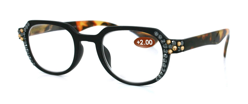 The Hexagon, (Bling) Women Reading Glasses W (Hematite, Light Colorado) Crystals (Geometric) (Black, Brown Tortoise shell) NY Fifth Avenue