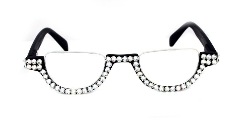 Half Moon Women’s Reading Glasses – Black Frame with Clear Crystals