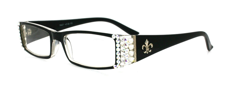 The French, (Bling) (Fleur De Lis) Women Reading Glasses W (Clear, AB Aurora Borealis) Genuine European Crystals (Black) NY Fifth Avenue