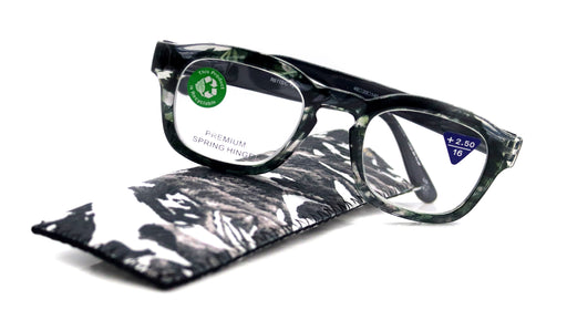 Sasha, (Premium) Reading Glasses, High End Readers +1.25..+3 Magnifying Eyeglasses (Black, White) Camo Square Optical Frames NY Fifth Avenue