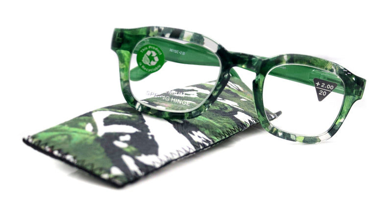 Sasha, (Premium) Reading Glasses, High End Readers +1.25..+3 Magnifying Eyeglasses (Black, Green) Camo Square Optical Frames NY Fifth Avenue