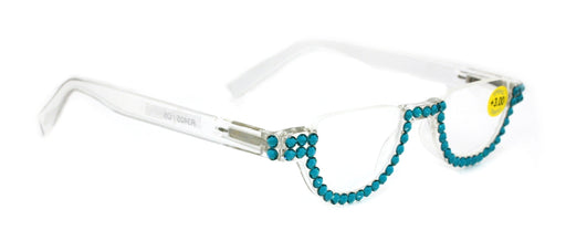 Half Moon, (Bling) Woman Reading Glasses Adorned W (Blue Zircon) Genuine European Crystals +1.25..+4 Lower Nose, NY Fifth Avenue