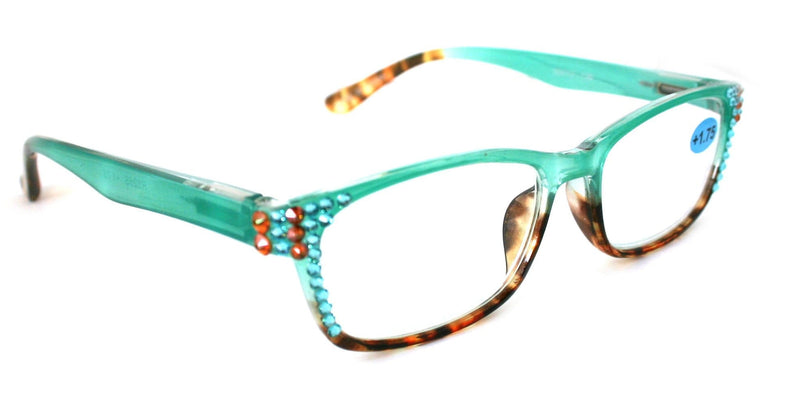 Desiree, (Bling) Women Reading Glasses W (Aquamarine, Cooper) Genuine European Crystals. +1.5 ..+6 Square. High Strength. NY Fifth Avenue