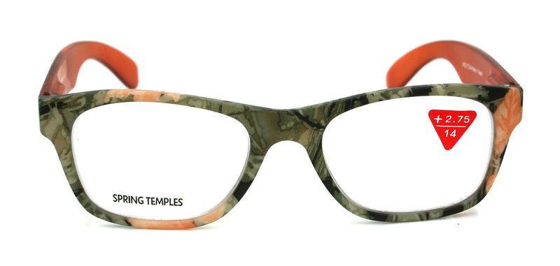 The Forester, (Premium) Reading Glasses, High End Reader +1.25 to +3 Magnifying, Square Style (Orange Camouflage) Frame. NY Fifth Avenue