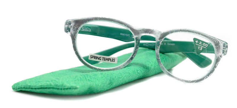 Grace, (Premium) Reading Glasses High End Readers +1.25 ..+3 Magnifying Glasses, Round Frame. (Metallic Silver, Green) NY Fifth Avenue.