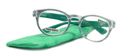 Grace, (Premium) Reading Glasses High End Readers +1.25 ..+3 Magnifying Glasses, Round Frame. (Metallic Silver, Green) NY Fifth Avenue.