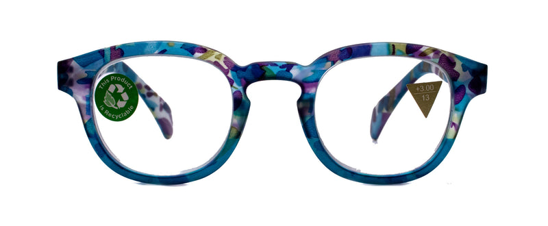 Autumn, (Premium) Reading Glasses, High-End Readers +1.25 +1.50.+3.00 Wide Round Style. Optical Frame (Blue, Purple Floral) NY Fifth Avenue.