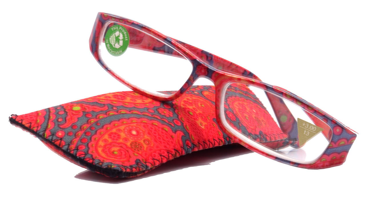 Florence, (Premium) Reading Glasses, High End Readers +1.25 to +3.00 Magnifying. (Paisley, Red) optical, Rectangular Frame. NY Fifth Avenue