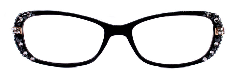 Glamour Quilted Women's Reading Glasses – Rectangular Acetate Frame with Clear & Hematite Crystals