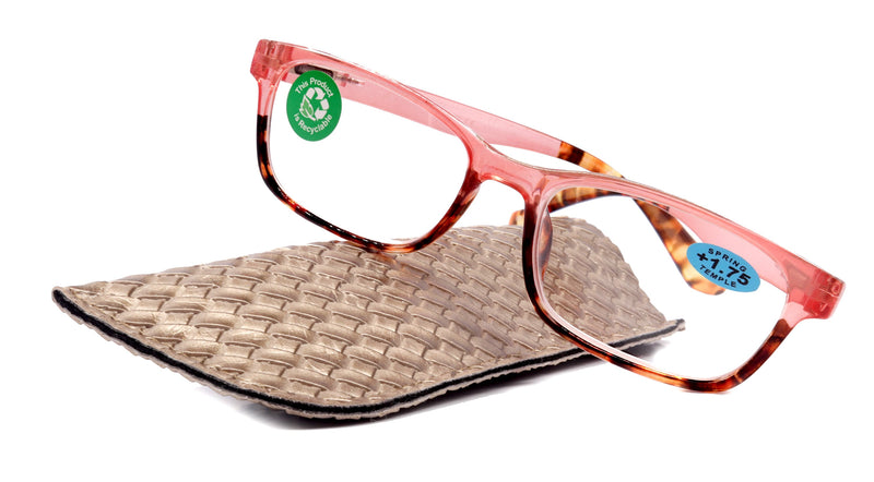 Desiree, (Premium) Reading Glasses, High End Reader +1.25..+3 Magnifying Square Style (Pink Tortoise Brown) Optical Frame. NY Fifth Avenue