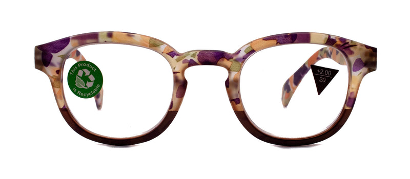 Autumn, (Premium) Reading Glasses High End Readers +1.25, +1.50..+3.00 Round Style. Optical Frame, (Brown, Purple Floral) NY Fifth Avenue