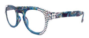 Autumn, (Bling) Reading Glasses For Women Adorned w (Clear) Genuine European Crystals wide Round Frame (Blue, Purple Floral) NY Fifth Avenue